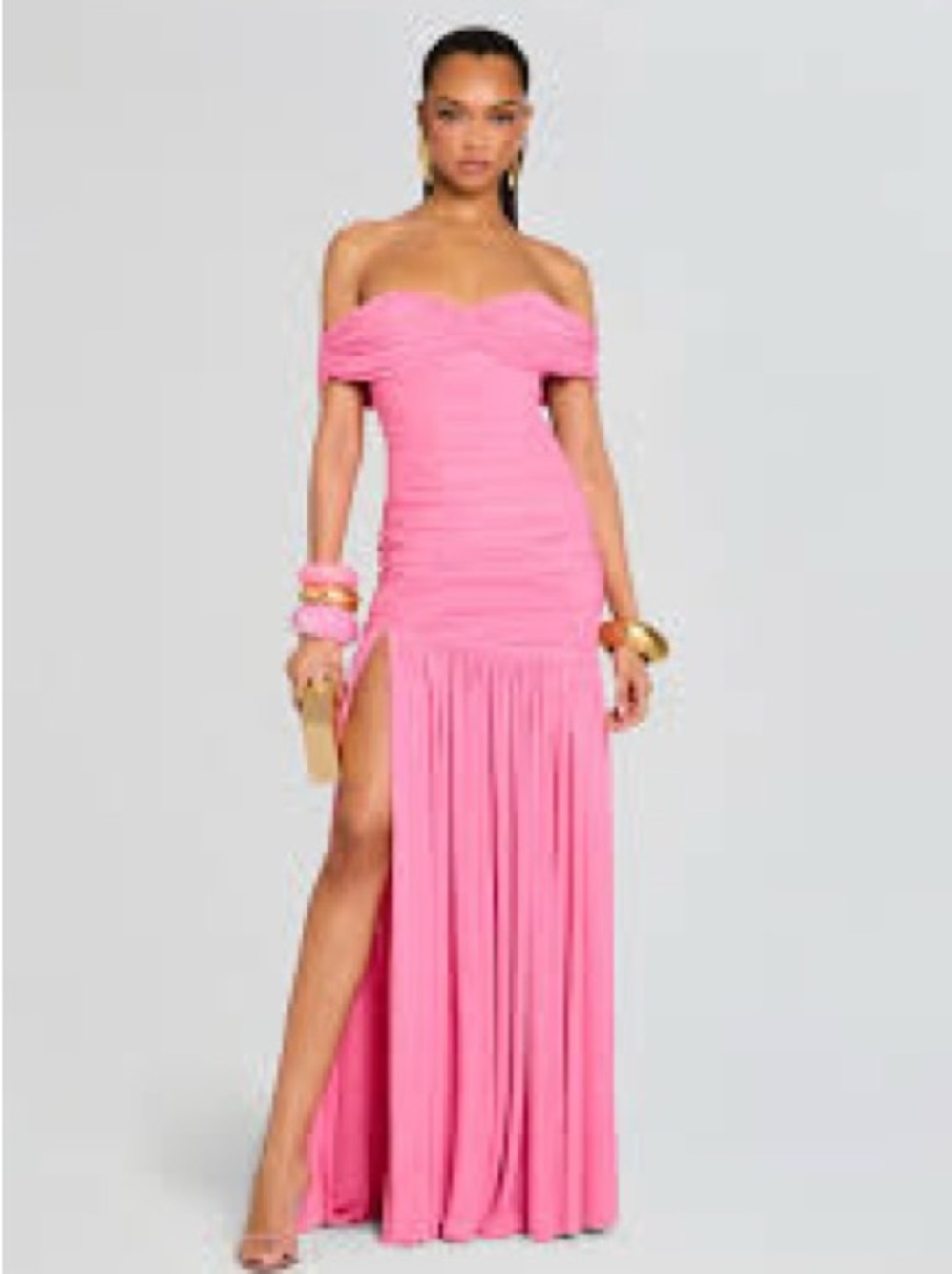 Retrofete Off-Shoulder Pink Ruched Evening Gown with High Slit - Picture 2 of 5